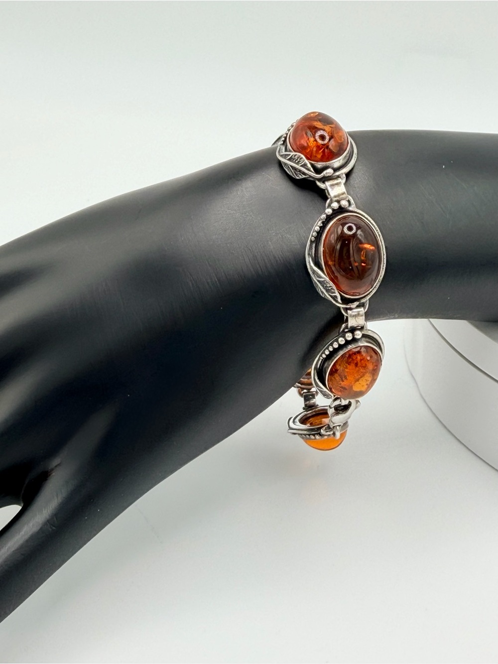 Vintage Oxidized Sterling Silver Leaf Pattern w/Oval Amber Cabochons Bracelet - Picture 7 of 16